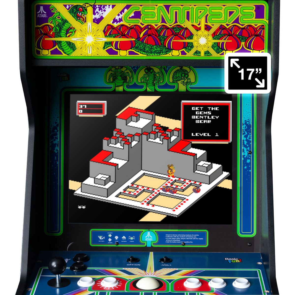 Close-up of an Arcade Classics cabinet screen glowing in a dim room