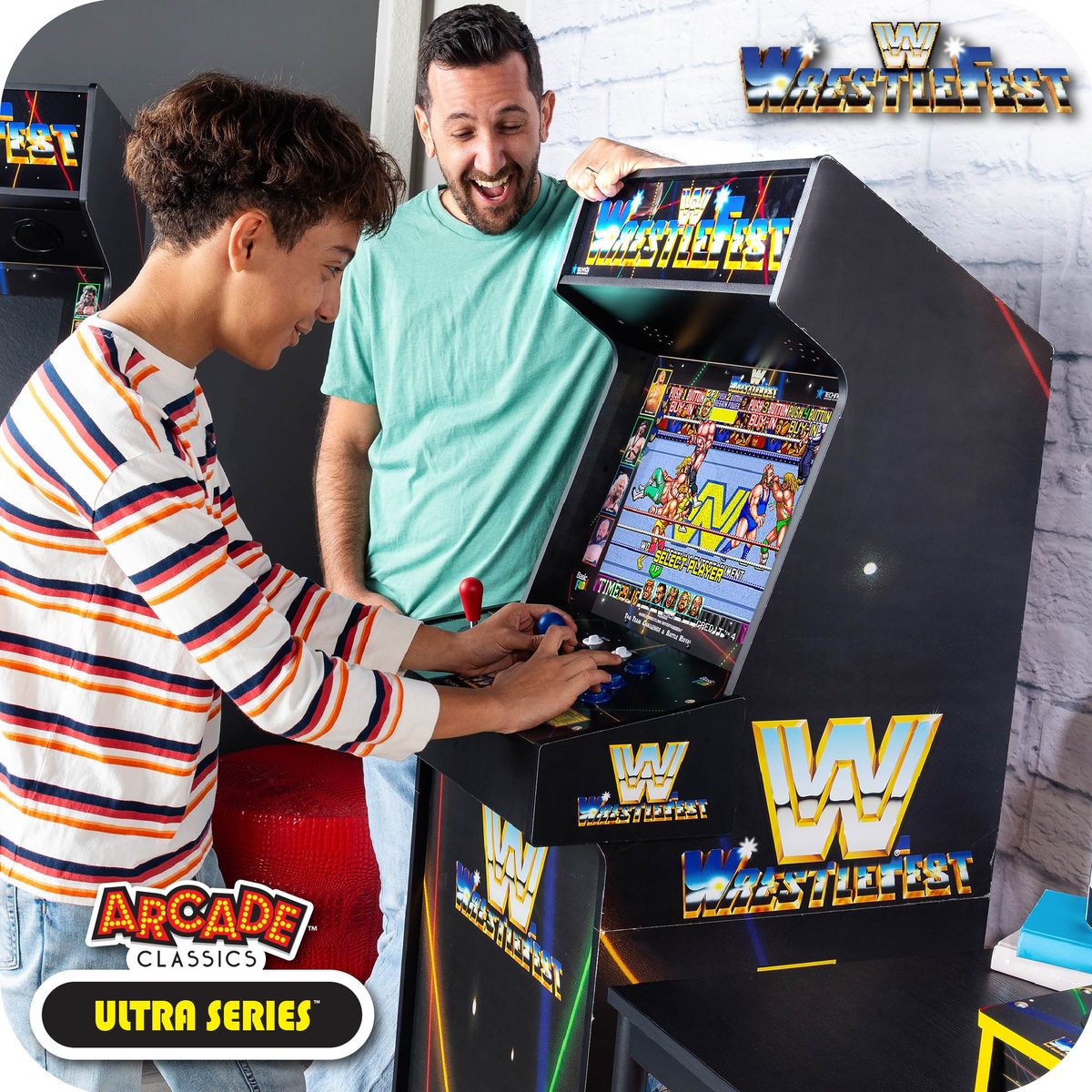 Two players at an Arcade Classics WWE Ultra Series arcade cabinet